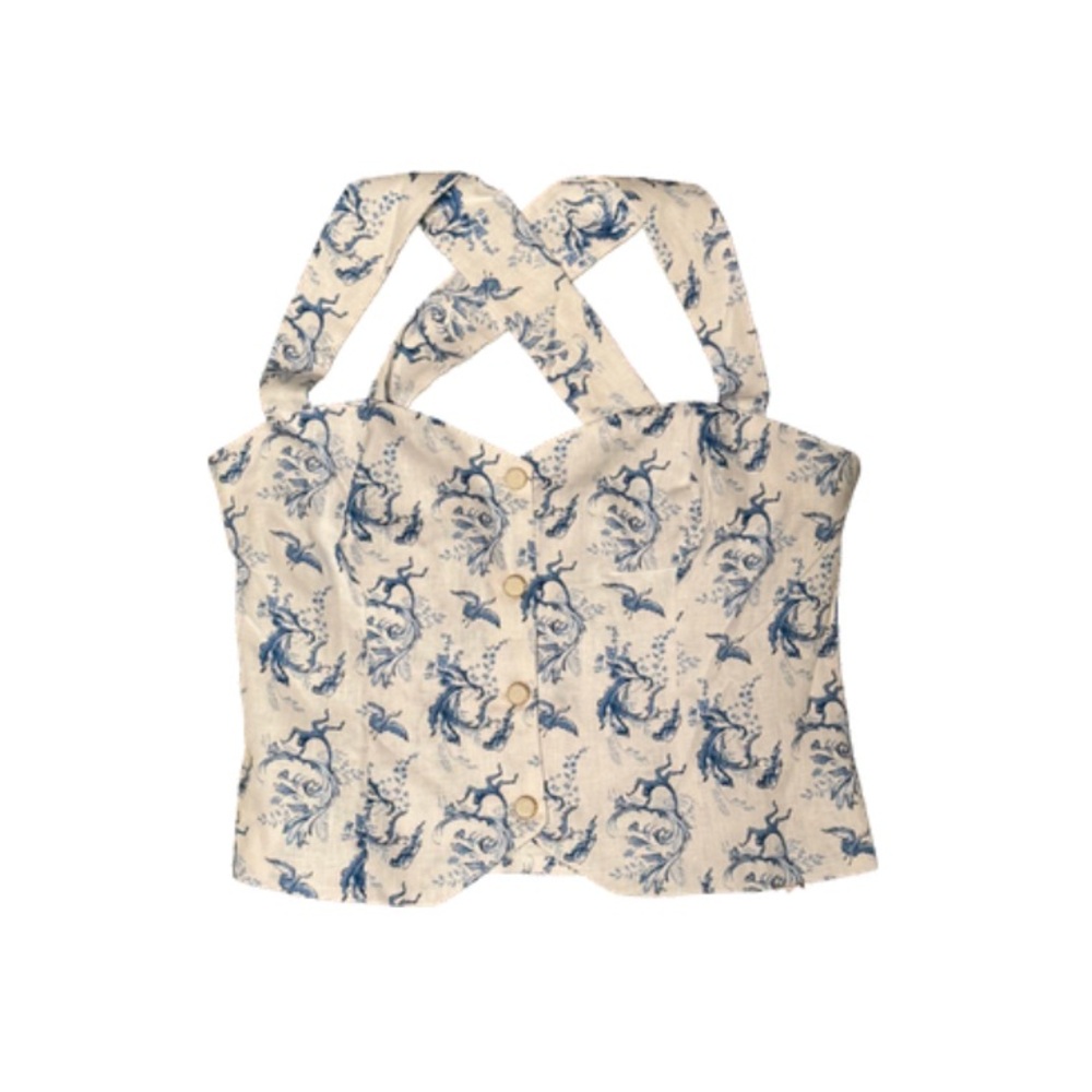 Reformation Blue and White Linen Top